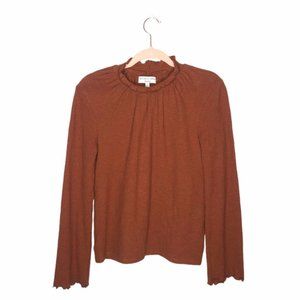 MADEWELL Rust Mock Neck Lettuce Hem Long Sleeve Top